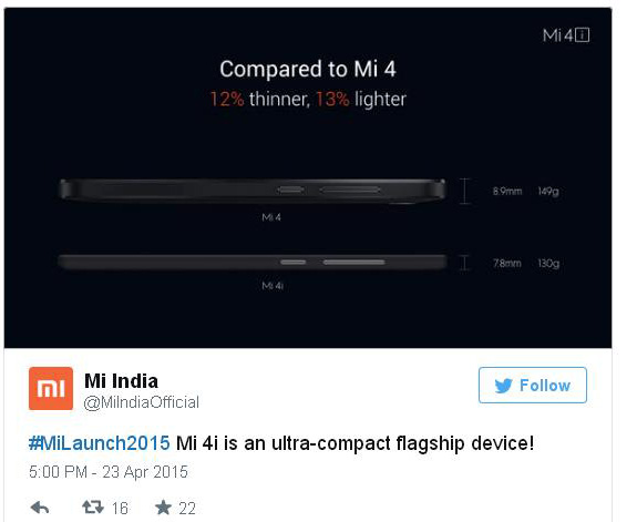 Xiaomi Mi 4i unveiled today in India, priced at Rs. 12,999 Mi-tweet