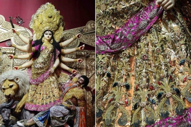 Goddess Durga Wears 22kg Gold Designer Sari At Kolkata Pandal