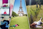 clicking pictures by pretending dead all over the world, lying dead all around the world, this woman hate selfies so she decides to click pictures of herself lying dead all around the world, Paragliding